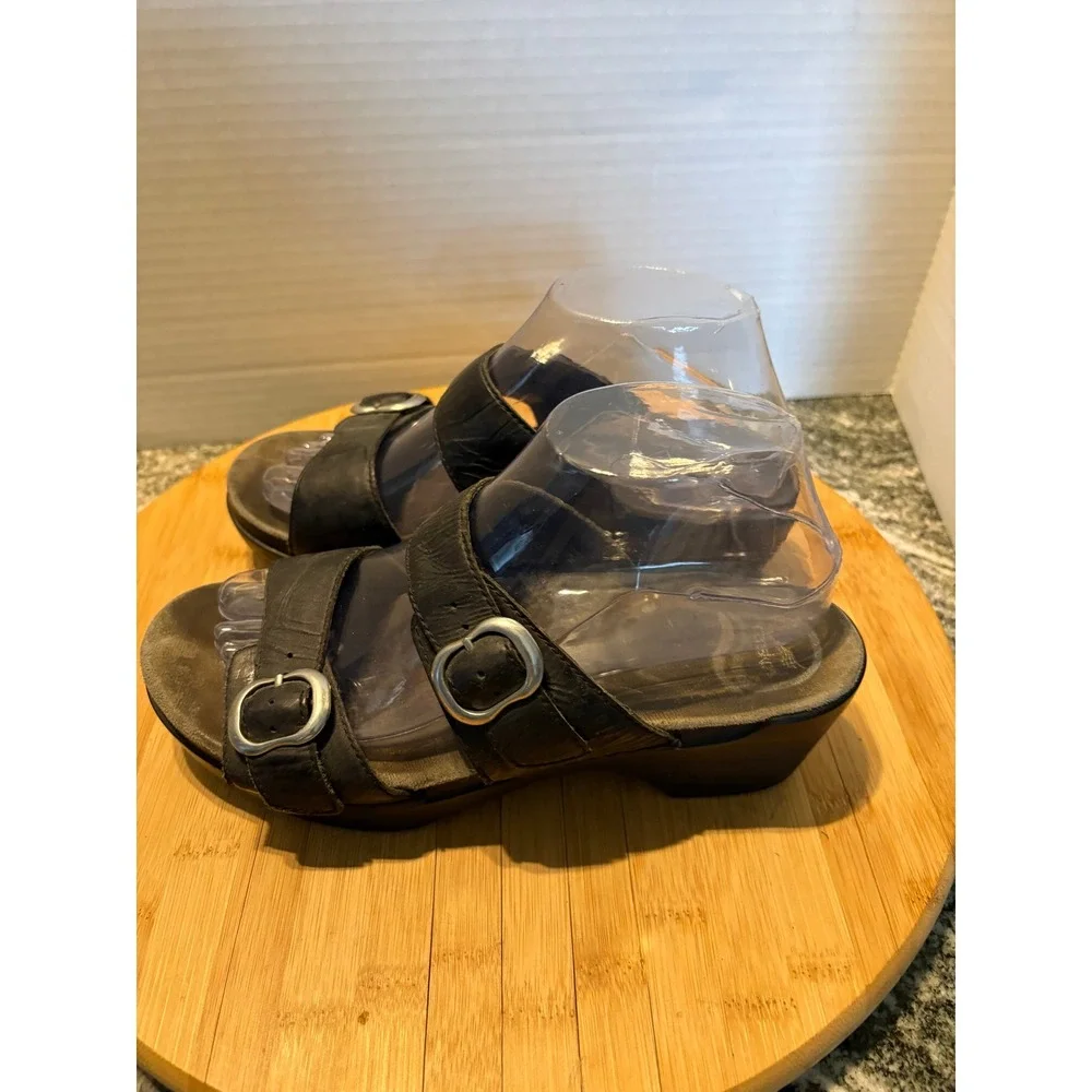Dansko Women Black Leather Double Buckle Slide Wedge Sandals Size 40